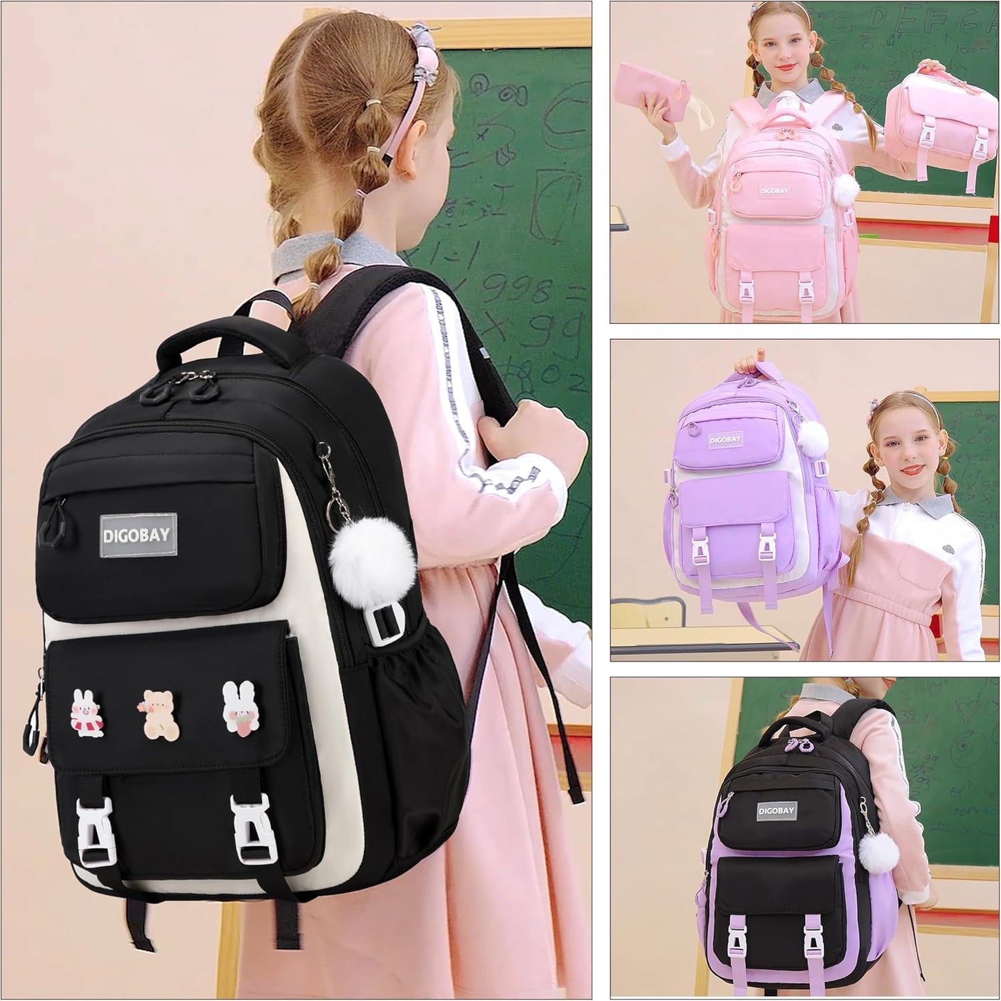 DIGOBAY Girls Backpack, School Backpack for Girls with Lunch Box Pencil Case Set for Teen Kids Girl Elementary Primary Middle High College School Bookbag with Cute Pins Pink