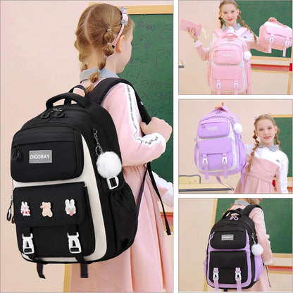 DIGOBAY Girls Backpack, School Backpack for Girls with Lunch Box Pencil Case Set for Teen Kids Girl Elementary Primary Middle High College School Bookbag with Cute Pins Pink