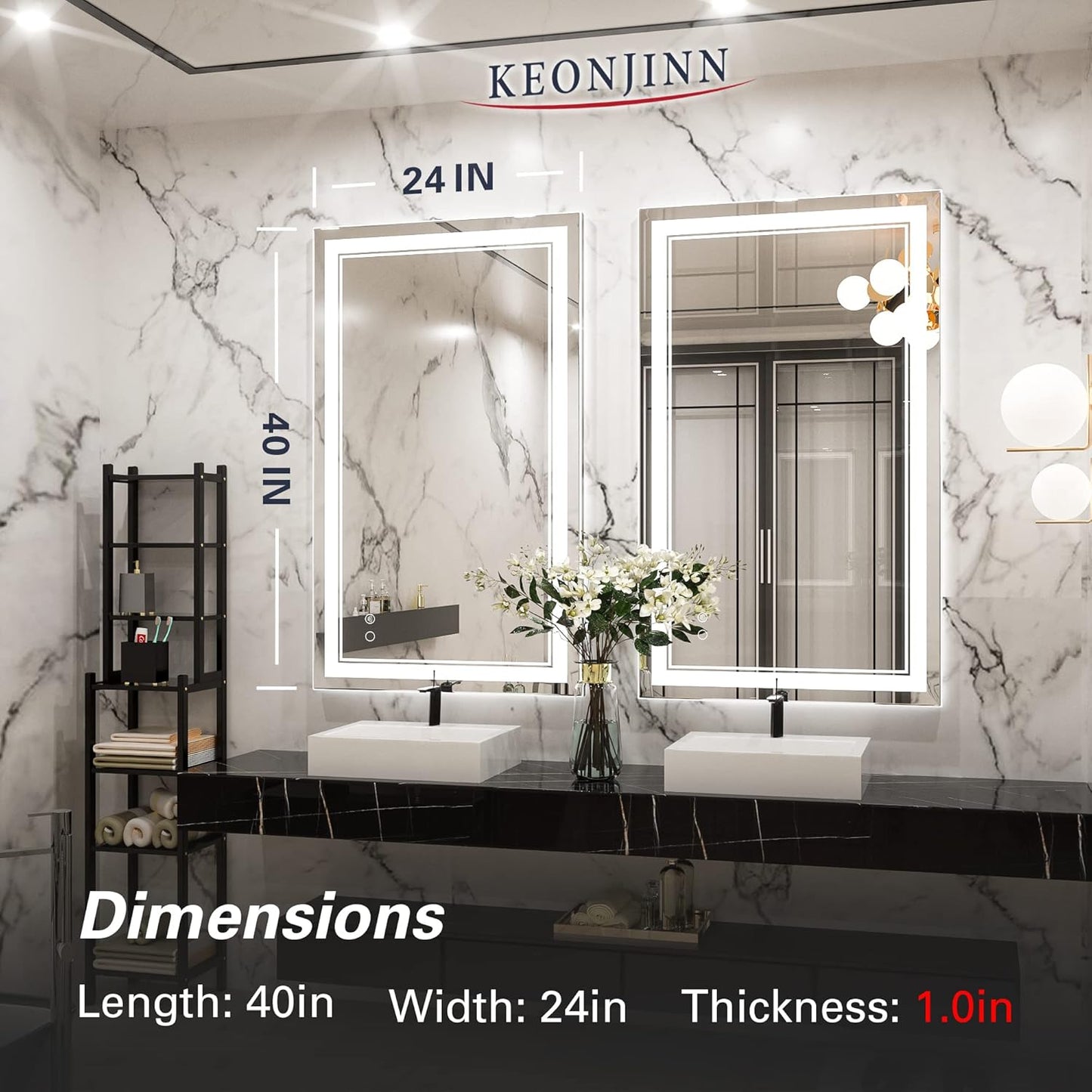 Keonjinn 40 x 24 Inch LED Mirror, Bathroom Mirror with Lights, LED Vanity Mirror, Wall Mounted Anti-Fog Dimmable Lighted Makeup Mirror for Bedroom, IP54 Waterproof (Horizontal/Vertical)