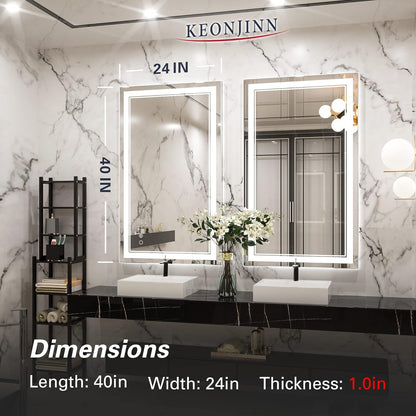 Keonjinn 40 x 24 Inch LED Mirror, Bathroom Mirror with Lights, LED Vanity Mirror, Wall Mounted Anti-Fog Dimmable Lighted Makeup Mirror for Bedroom, IP54 Waterproof (Horizontal/Vertical)