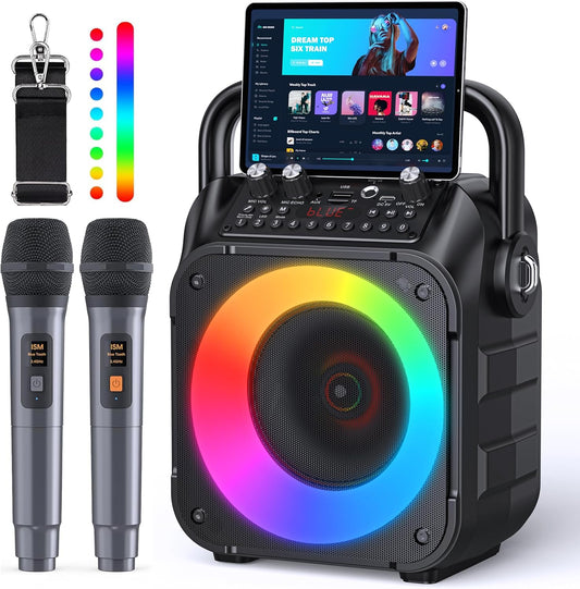 Karaoke Machine, Portable Bluetooth PA Speaker with 2 Wireless Microphones for Adults & Kids with Lights, Karaoke Microphone with PA System Supports USB/TF/REC/FM/AUX for Home Party(Black) - PuriLite