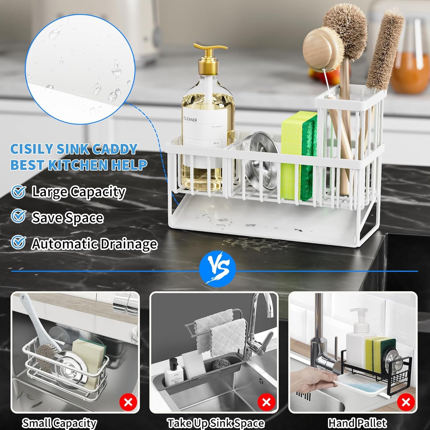 Cisily Kitchen Sink Caddy Organzier with High Brush Holder, Sponge Holder for Sink, 304 Rustproof Stainless, Kitchen Countertop Soap Dispenser Organizer, Kitchen Decor and Accessories (Black)