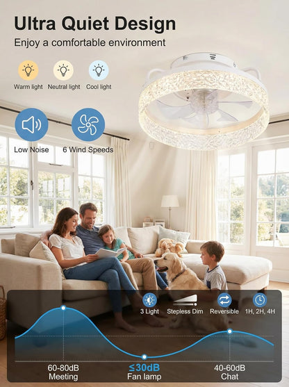 Ceiling Fan with Lights and Remote, 32cm Low Profile Ceiling Fans with Lights, Fandelier Ceiling Fan Light,DC Quiet Motor,3000K-6000K Dimmable,Modern Flush Mount Ceiling Fan for Modern Indoor Bedroom