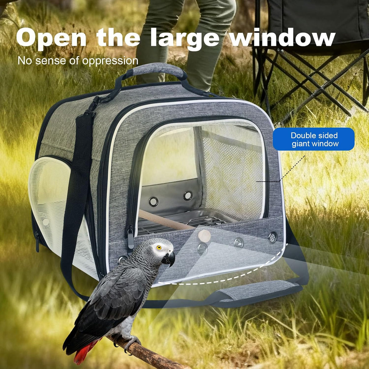 Bird Travel Carrier Cage for Large Size Parrot, Portable Bag with Metal Tray and Grate to Carry and Transport Medium to African Grey, Long Tail Cockatiel and Parrot, Feather Grey