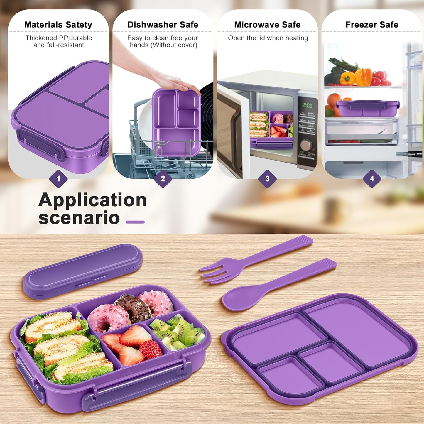 Amathley Lunch Box Kids,Bento Box Adult Lunch Box,Leakproof Lunch Containers for Adults/Kids/Toddler,1200ML-4 Compartments bento Lunch box with Utensil,Microwave & Dishwasher Safe(Dark Gray)