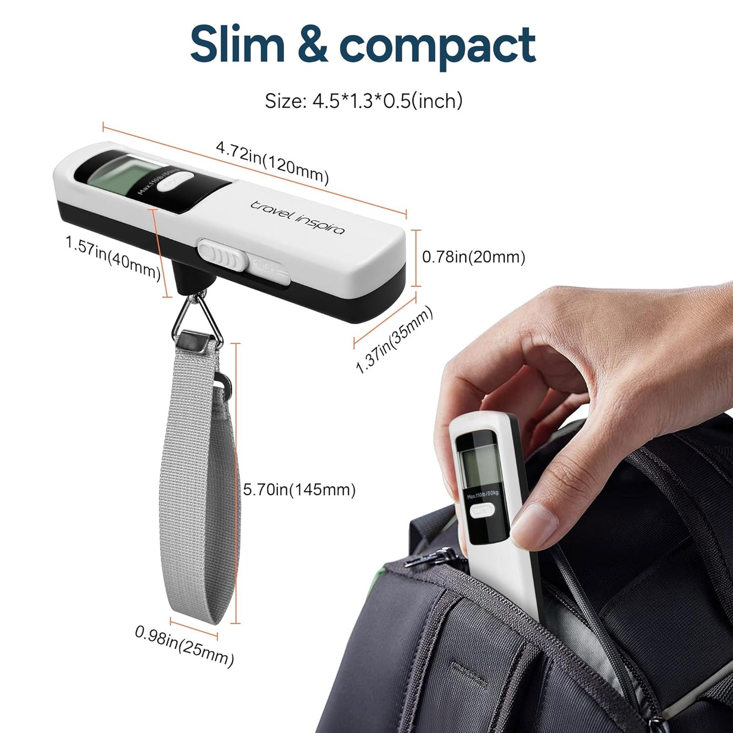 travel inspira Luggage Scale Battery-Free, Travel Essentials, Portable Handheld Digital Suitcase Weight Scale for for Travel Accessories, 110lbs/50kg