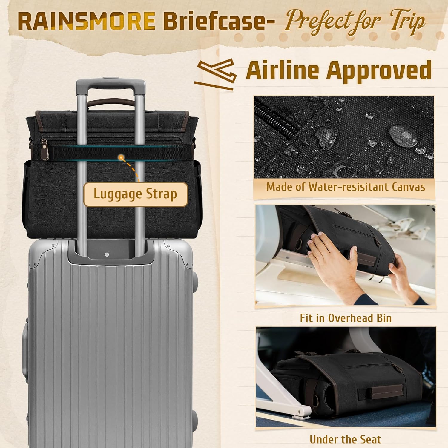 RAINSMORE Canvas Messenger Bag Men 17-17.3 Inch Laptop Bag Computer Briefcase Water Resistant Satchel Bag for Men Work Office - PuriLite