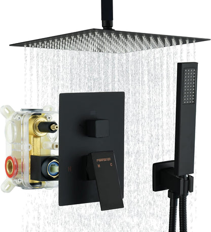 Fransiton Shower System Rain Shower System Set Ceiling Mounted, Rainfall Shower Head with Handheld, Bathroom Shower Kit (Valve Included) (8" - Wall Mount, Matte Black)
