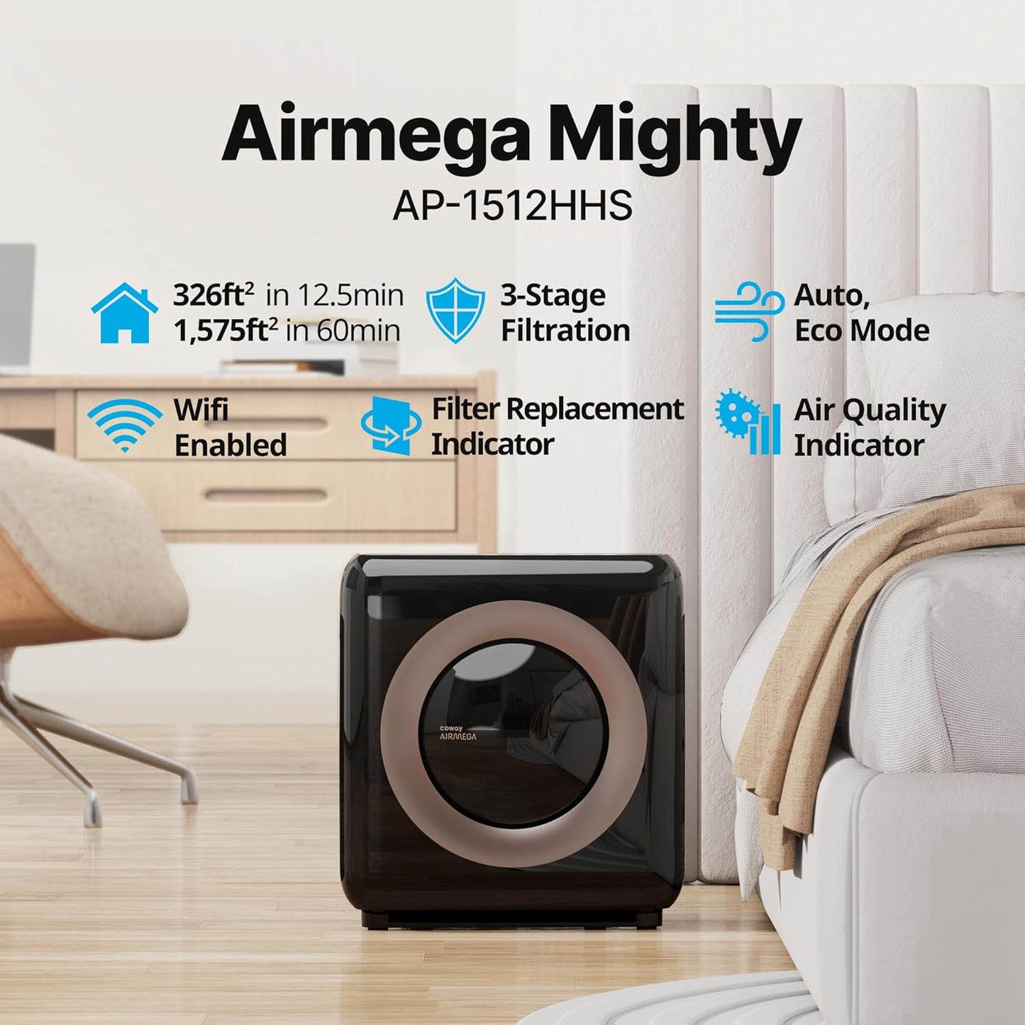 Coway Airmega AP-1512HH True HEPA Air Purifier with Air Quality Monitoring, Auto Mode, Timer, Filter Indicator, Eco Mode