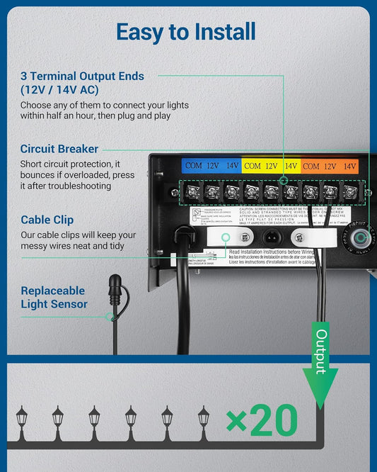 DEWENWILS 300W Low Voltage Transformer with 3 Independent Control Outputs, Landscape Transformer with Timer and Photocell Sensor, 120V AC to 12V/14V AC, Weatherproof, ETL Listed