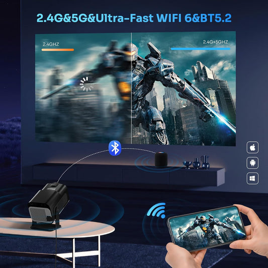 [Built-in Apps] Mini Projector 4k 1080P Support,180°Adjustable Stand Portable Projector with WIFI6 Bluetooth,Auto Keystone,Movie Projector Compatible with Smartphone/HDMI/USB