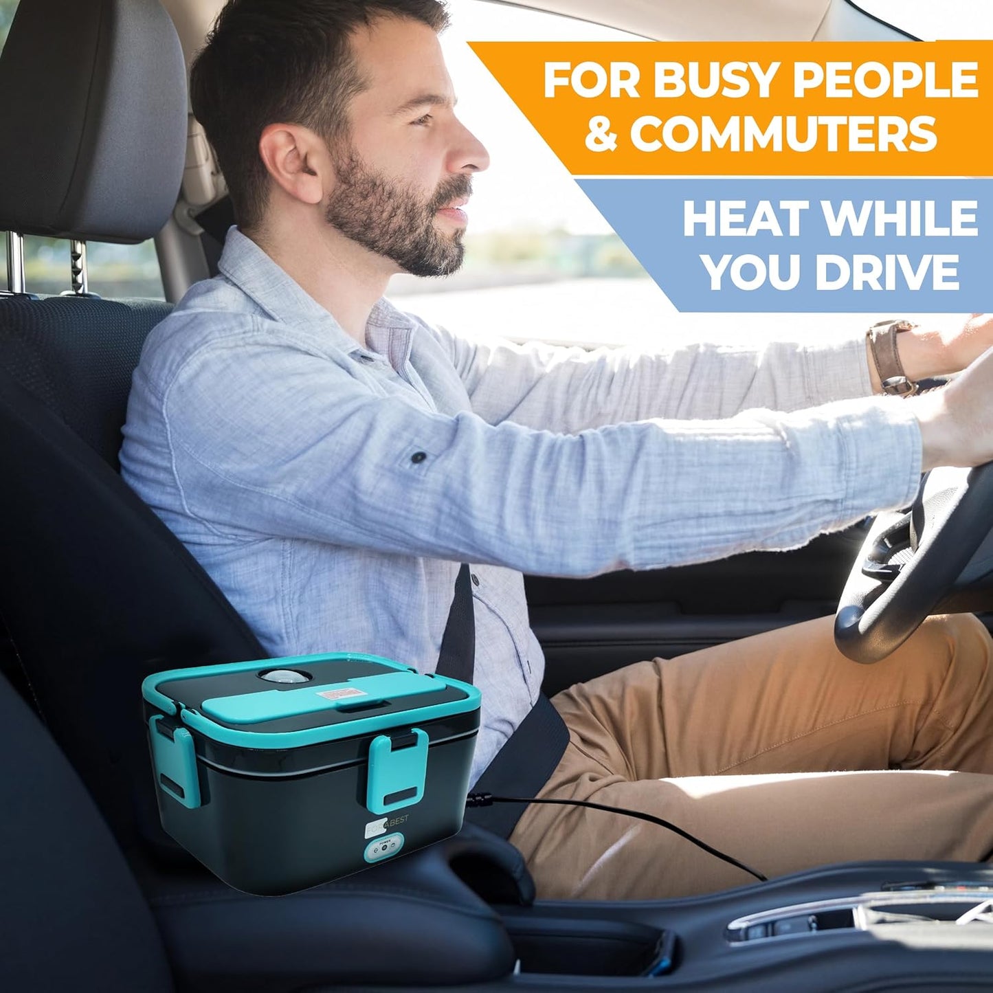 FORABEST Electric Lunch Box Food Heater 80W 1.5L Stainless Steel Heated Lunch Box for Men & Women, Universal 12/24/110/220V Self Heating Lunch Box for Car, Truck & Work, Portable Food Warmer lunch box
