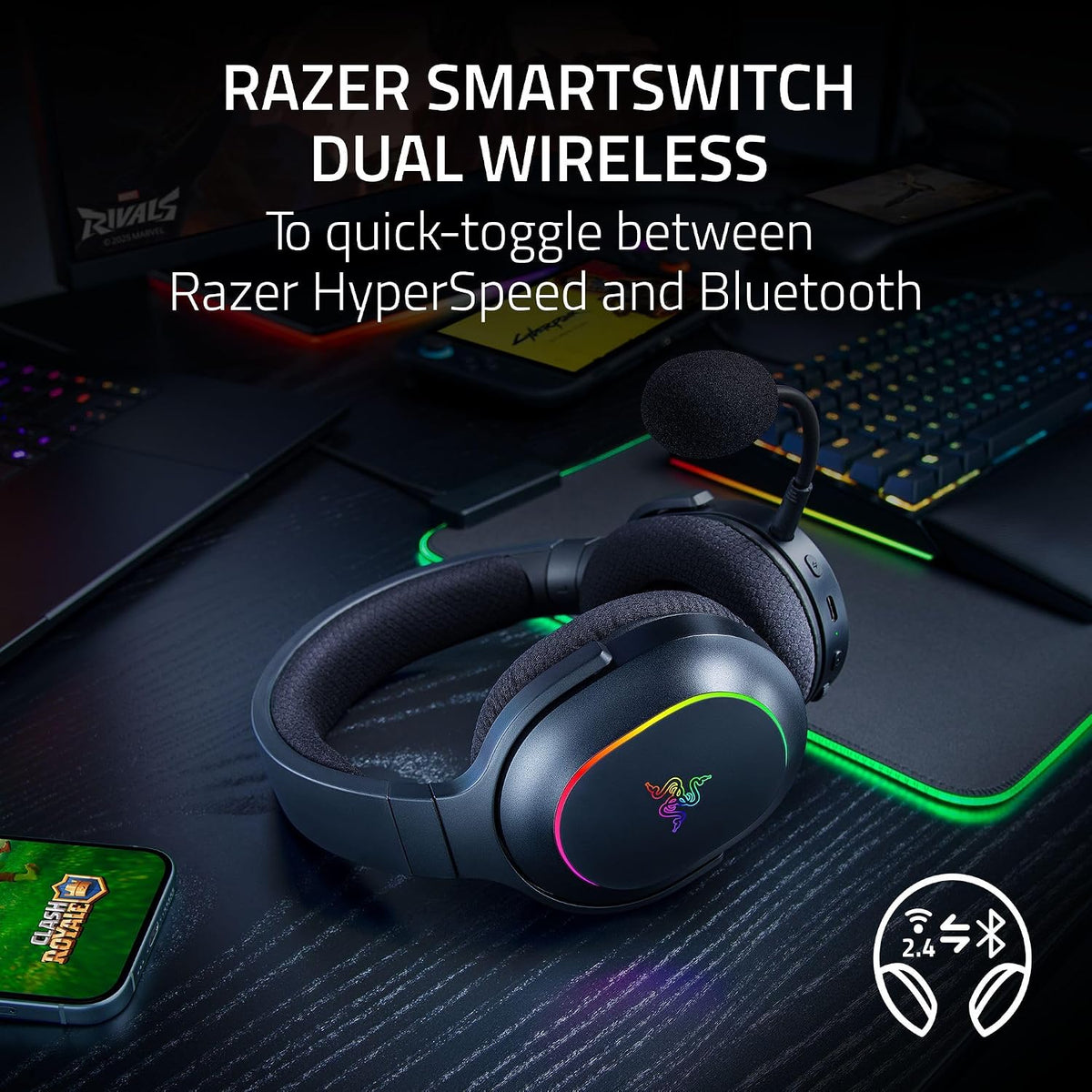Razer Barracuda X Chroma Wireless Gaming Headset, 2.4 Ghz, Black Bluetooth, Lightweight, Chroma RGB, 40mm Drivers, Cardioid Mic, 70 Hr Battery, for PC, Mac, PS5, Switch 2, Smartphone