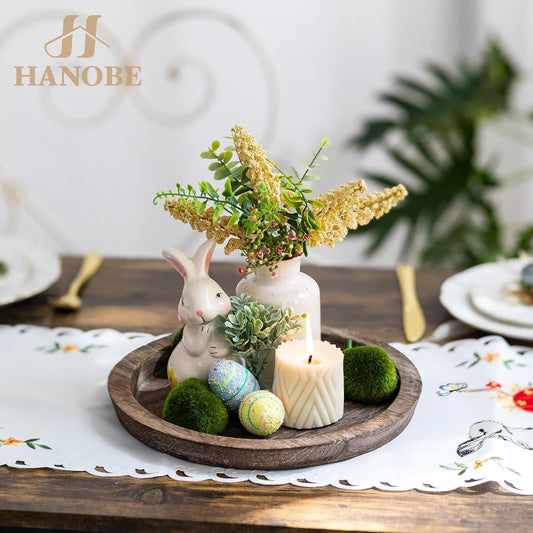Hanobe Rustic Wooden Serving Tray: Round Wood Butler Decorative Tray Vintage Centerpiece Candle Holder Trays Farmhouse Ottoman Tray for Kitchen Countertop Home Decor for Coffee Table - PuriLite