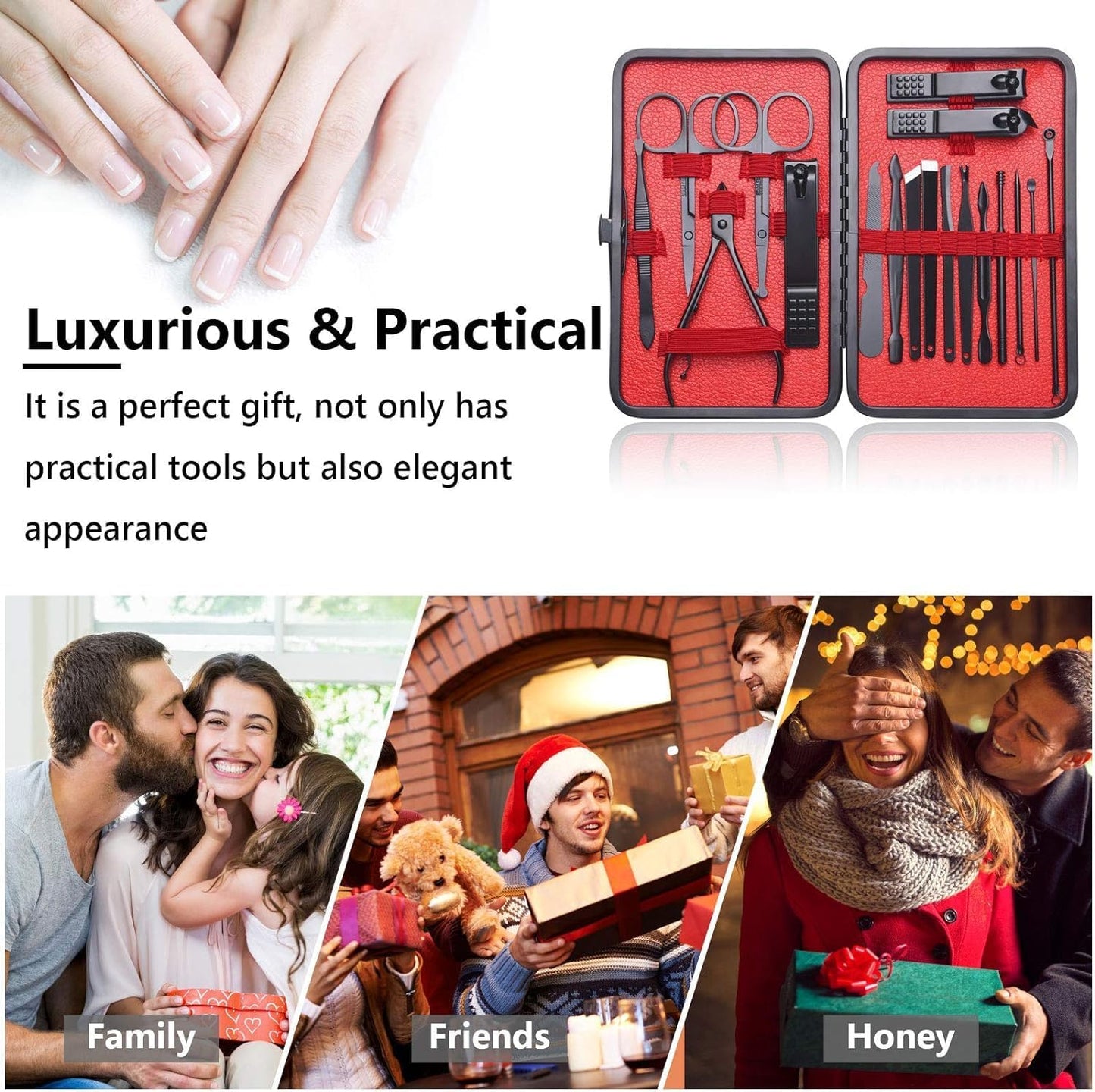 Nail Clippers 18 pcs Manicure Set Nail Scissors Cuticle Remover for Men Women Stainless Steel Nail Care Grooming Kit with Leather Case for Travel & Home