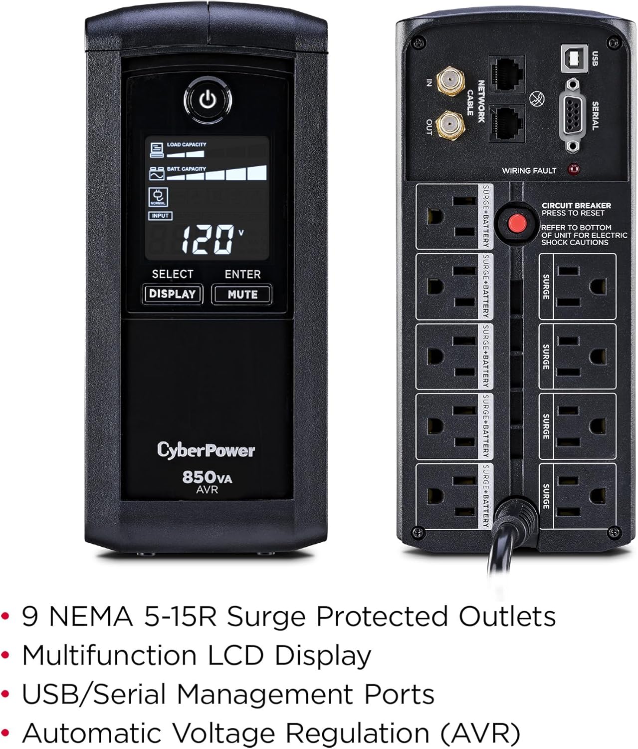 CyberPower CP1500AVRLCD3 Intelligent LCD UPS System, 1500VA/900W, 12 Outlets, 2 USB Ports, AVR, Mini Tower, Black