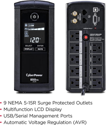 CyberPower CP1500AVRLCD3 Intelligent LCD UPS System, 1500VA/900W, 12 Outlets, 2 USB Ports, AVR, Mini Tower, Black