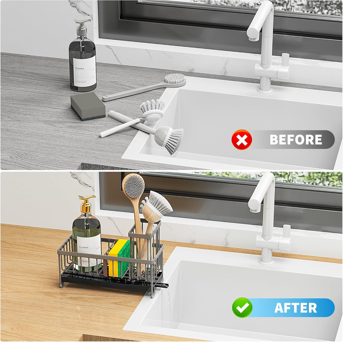 Cisily Sponge Holder for Kitchen Sink, Sink Caddy with High Brush Holder, Organzier Rustproof 304 Stainless Steel Dish Organizer Divider, Soap Dispenser Storage (Black)