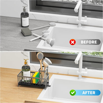 Cisily Sponge Holder for Kitchen Sink, Sink Caddy with High Brush Holder, Organzier Rustproof 304 Stainless Steel Dish Organizer Divider, Soap Dispenser Storage (Black)