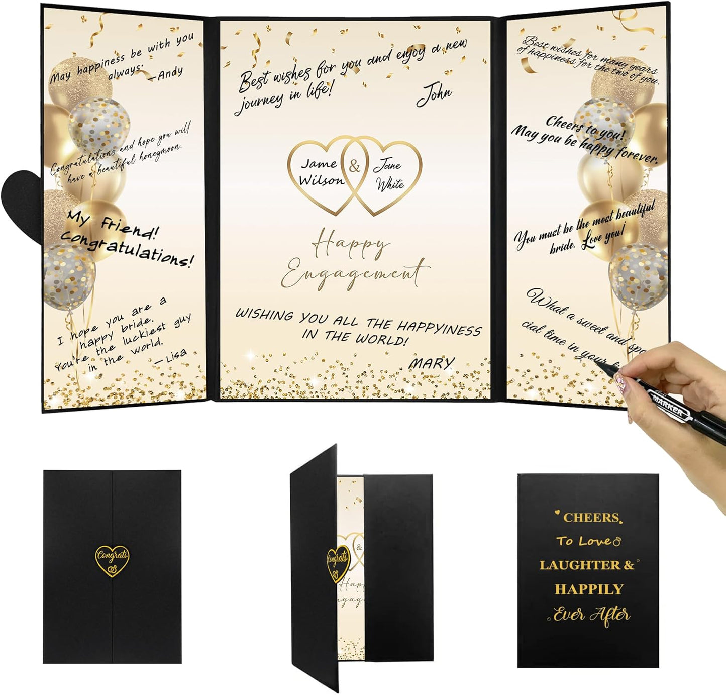 DARUNAXY Black Gold Engagement Party Decorations, Happy Engagement Alternative Signature Guest Book Just Engaged Gifts Almost Married Congratulations Engagement Signing Card Board Party Supplies - PuriLite