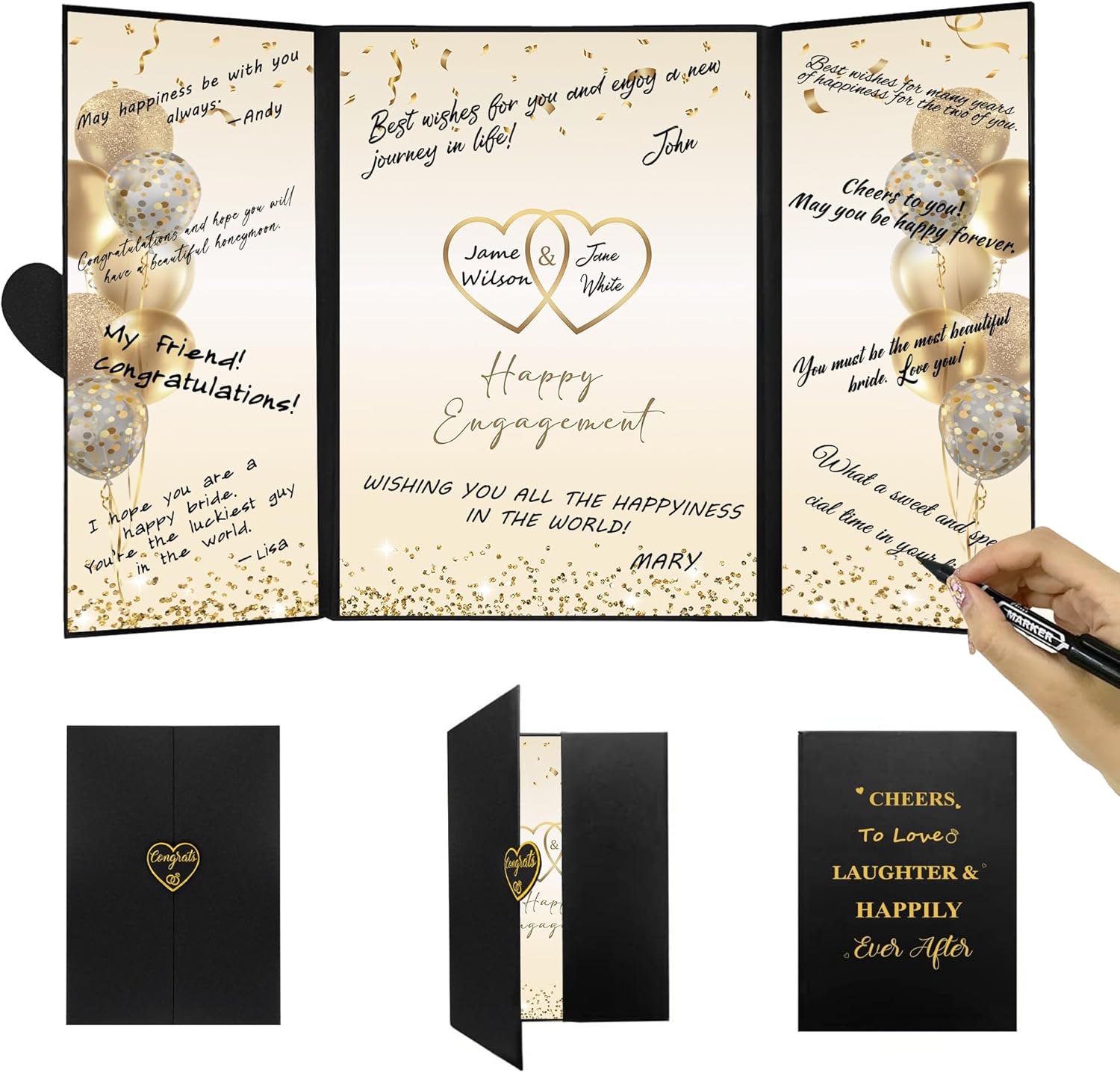 DARUNAXY Black Gold Engagement Party Decorations, Happy Engagement Alternative Signature Guest Book Just Engaged Gifts Almost Married Congratulations Engagement Signing Card Board Party Supplies - PuriLite