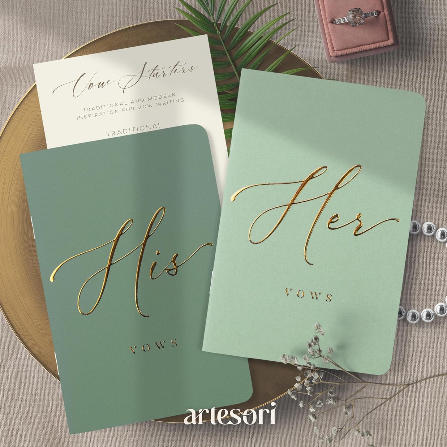ARTESORI Wedding Vow Book for Her & Him, Soft Touch, Gold Foil Engraving, 28 Lined Pages, Wedding Vow Books His and Hers, Wedding Essentials, Wedding Registry Ideas, His and Hers Gifts [Mint & Sage]