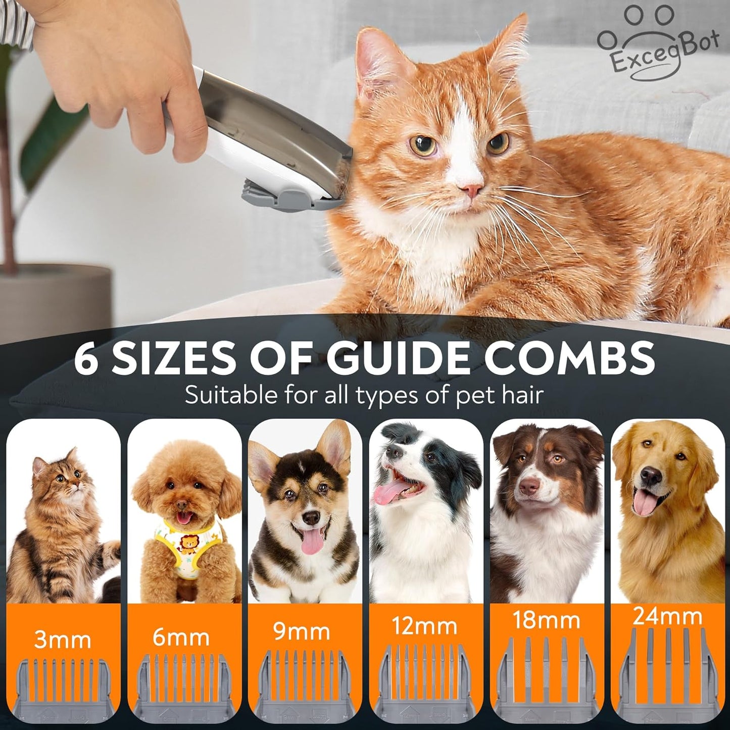 Excegbot Dog Grooming Vacuum, 12kPa Low Noise Pet Hair Vacuum with 2L Dust Cup – 99% Hair Removal for Dogs & Cats, Includes 5 Proven Grooming Tools for Home Cleaning