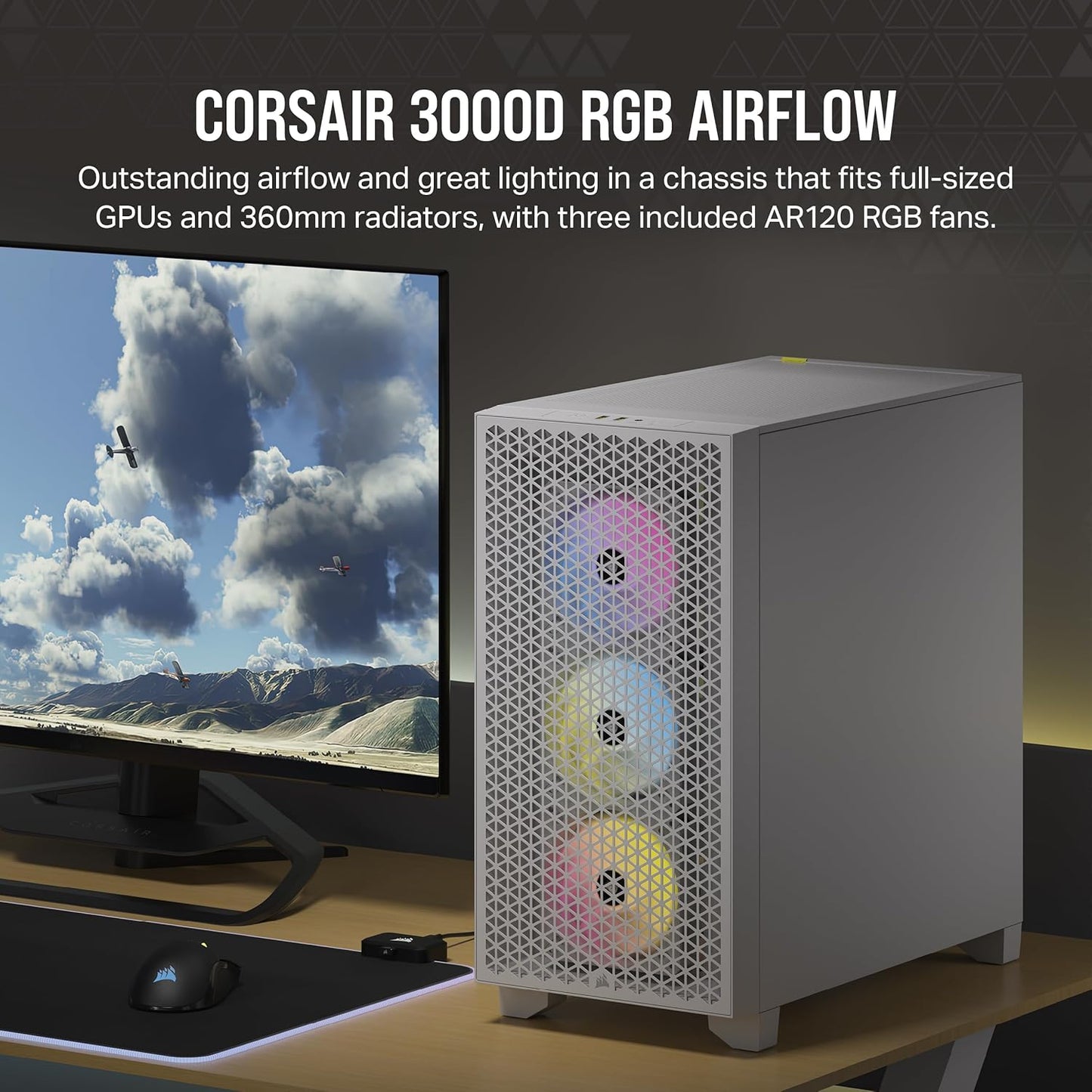 CORSAIR 3000D Airflow Mid-Tower PC Case – 2X SP120 Elite Fans – Four-Slot GPU Support – Fits up to 8X 120mm Fans – High-Airflow Design – Black