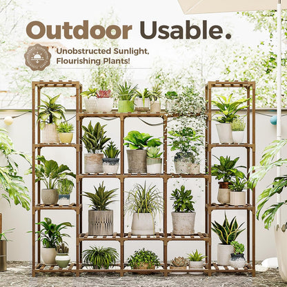 Bamworld Plant Stand Indoor Outdoor Hanging Plant Shelf for Multiple Plants Pots Wood Flower Stand Tall Large Flower Holder for Living Room, Patio, Balcony, Garden Decor, Brown