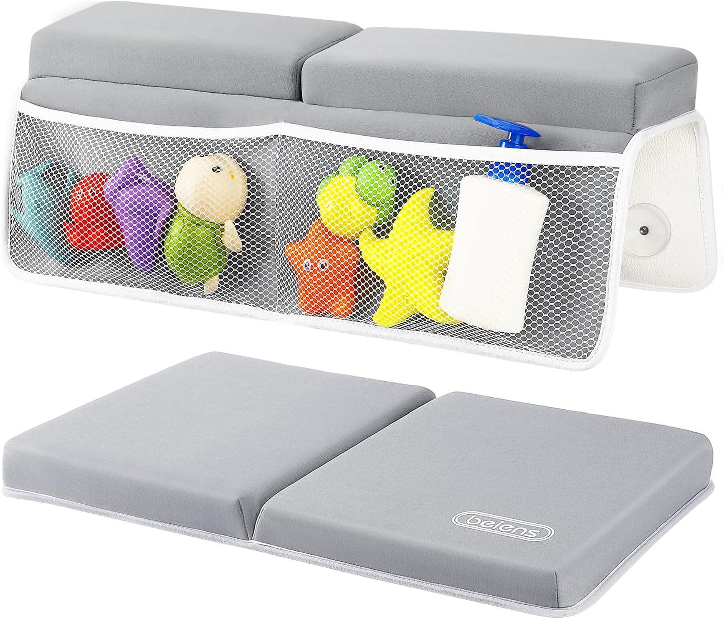 Beiens Baby Bath Kneeler and Elbow Rest Pad Set, 1.5-Inch Thick Memory Foam Quick-dry Non-slip Bathtub Kneeling Pad with 6 Suction Cups and 4 Toy Organizer Pockets for Bathing Babies and Toddlers