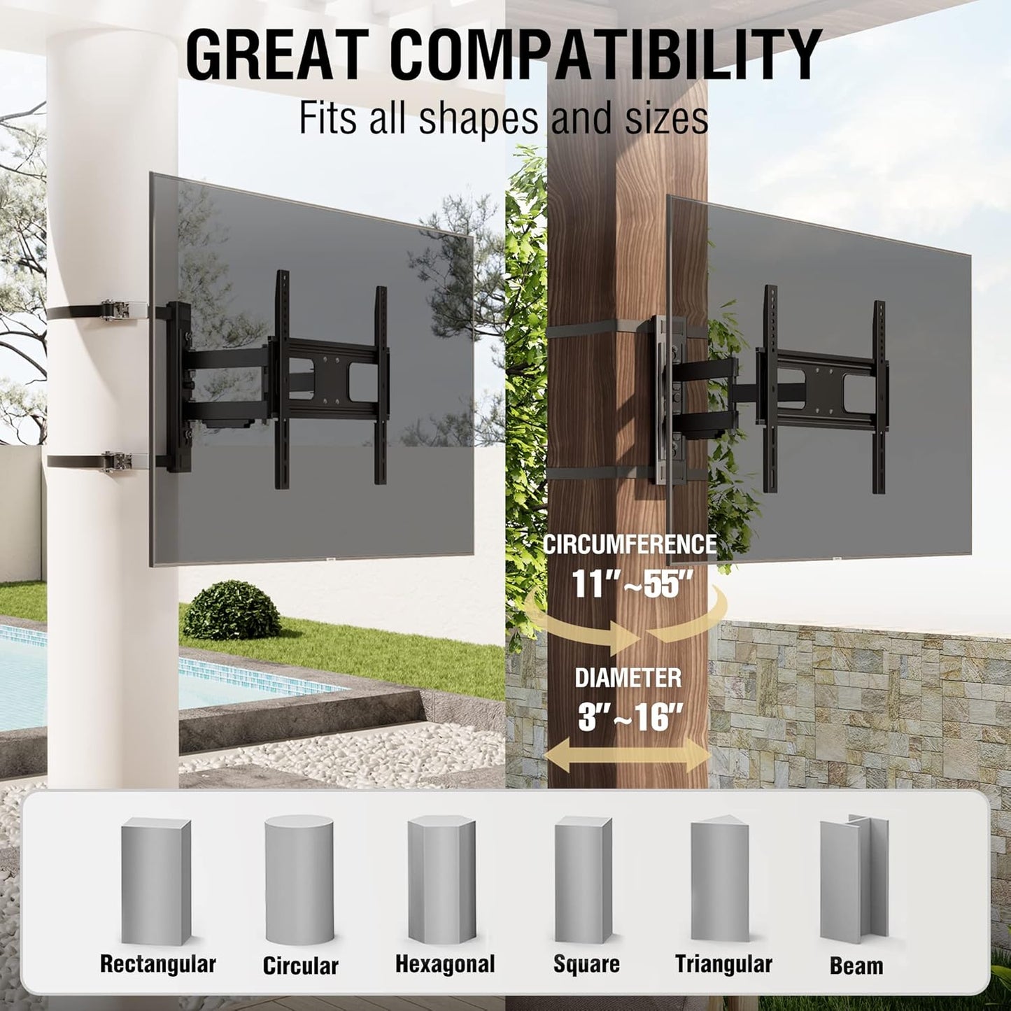 ZeboZap ZZTVC8022 Outdoor Flip Down Ceiling TV Mount | Gazebo TV Mount | Patio TV Mount | Pergola TV Mount | Pitched Roof | Height Adjustable | Under Cabinet| Holds 44lbs | Fits 17-in to 37-in | Black
