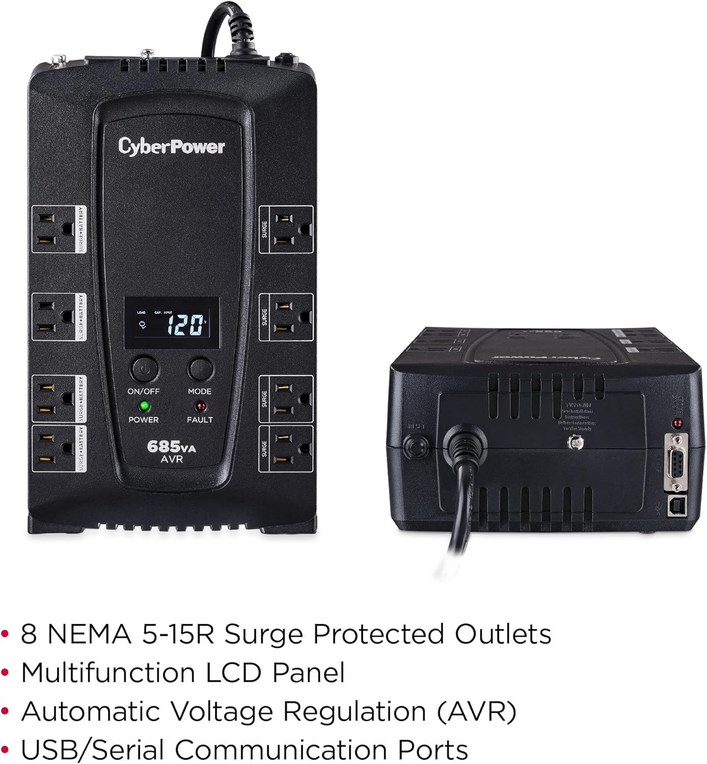 CyberPower CP825AVRLCD Intelligent LCD UPS System, 825VA/450W, 8 Outlets, AVR, Compact