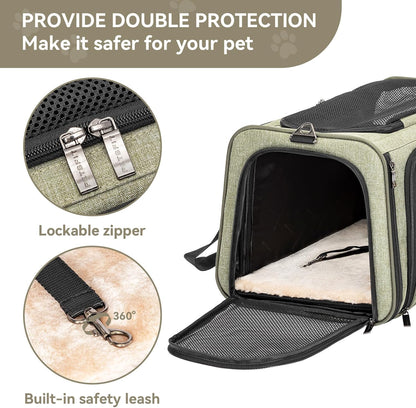 Petsfit Expandable Cat Dog Carrier Airline Approved, 17" L x 11" W x 11" H Soft-Sided Portable Pet Travel Carrier for Kitten, Puppy, Removable Soft Plush Mat and Pockets, Auto-Locking Zippers