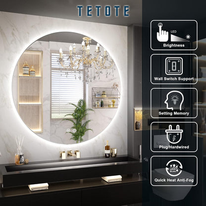 TETOTE 28 Inch Round LED Bathroom Vanity Mirror, Anti-Fog Dimmable Lights IP54 Waterproof Circle Makeup Wall Mounted Mirror