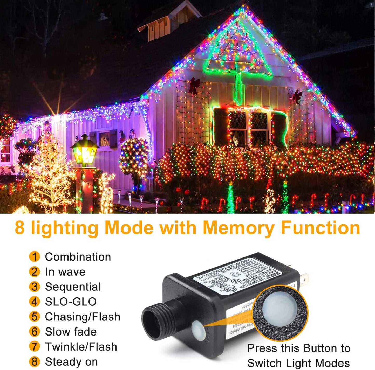 Haili Halloween Lights Outdoor, 105 FT 300 LED Halloween String Lights with Memory Function, Plug in 8 Mode String Lights for Halloween,Christmas,Party, Patio, House Decoration (Purple Orange)