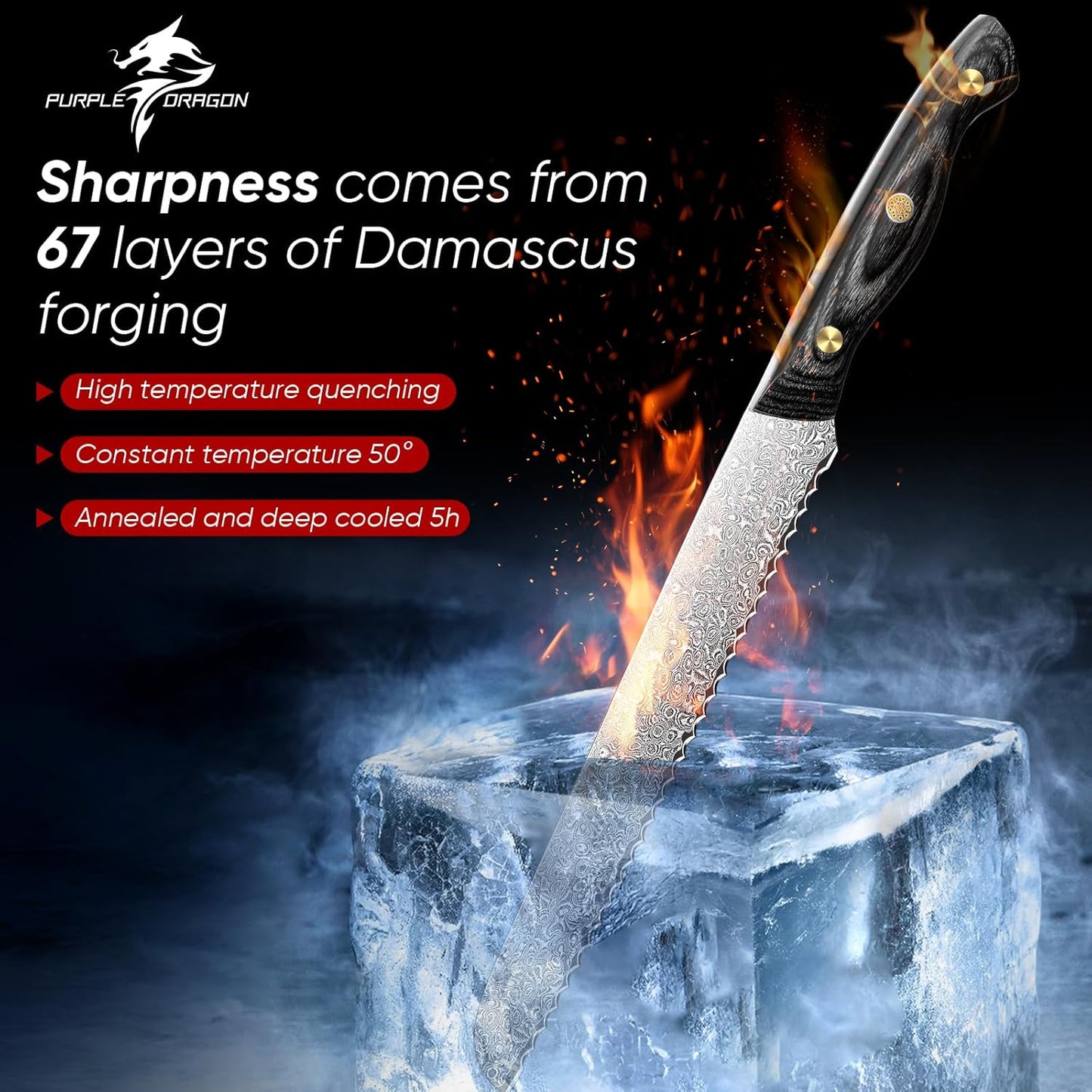 Purple Dragon Damascus Fish Fillet Knife - 7 inch Flexible Boning Knife with VG10 Core, Kitchen Slicing Knife with Full Tang Handle, Birthday Dad Mom Gift