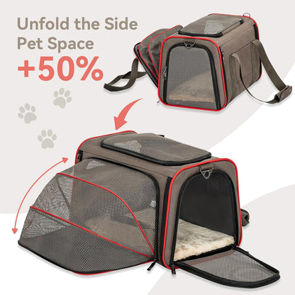 Petsfit Expandable Cat Dog Carrier Airline Approved, 17" L x 11" W x 11" H Soft-Sided Portable Pet Travel Carrier for Kitten, Puppy, Removable Soft Plush Mat and Pockets, Auto-Locking Zippers