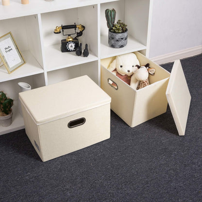 PRANDOM Large Foldable Storage Bin with Lid [1-Pack] Linen Fabric Decorative Storage Box Organizer Containers Basket Cube with Handles Divider for Bedroom Closet Office Living Room (17.7x11.8x11.8")