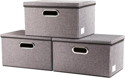 PRANDOM Large Foldable Storage Bin with Lid [1-Pack] Linen Fabric Decorative Storage Box Organizer Containers Basket Cube with Handles Divider for Bedroom Closet Office Living Room (17.7x11.8x11.8")