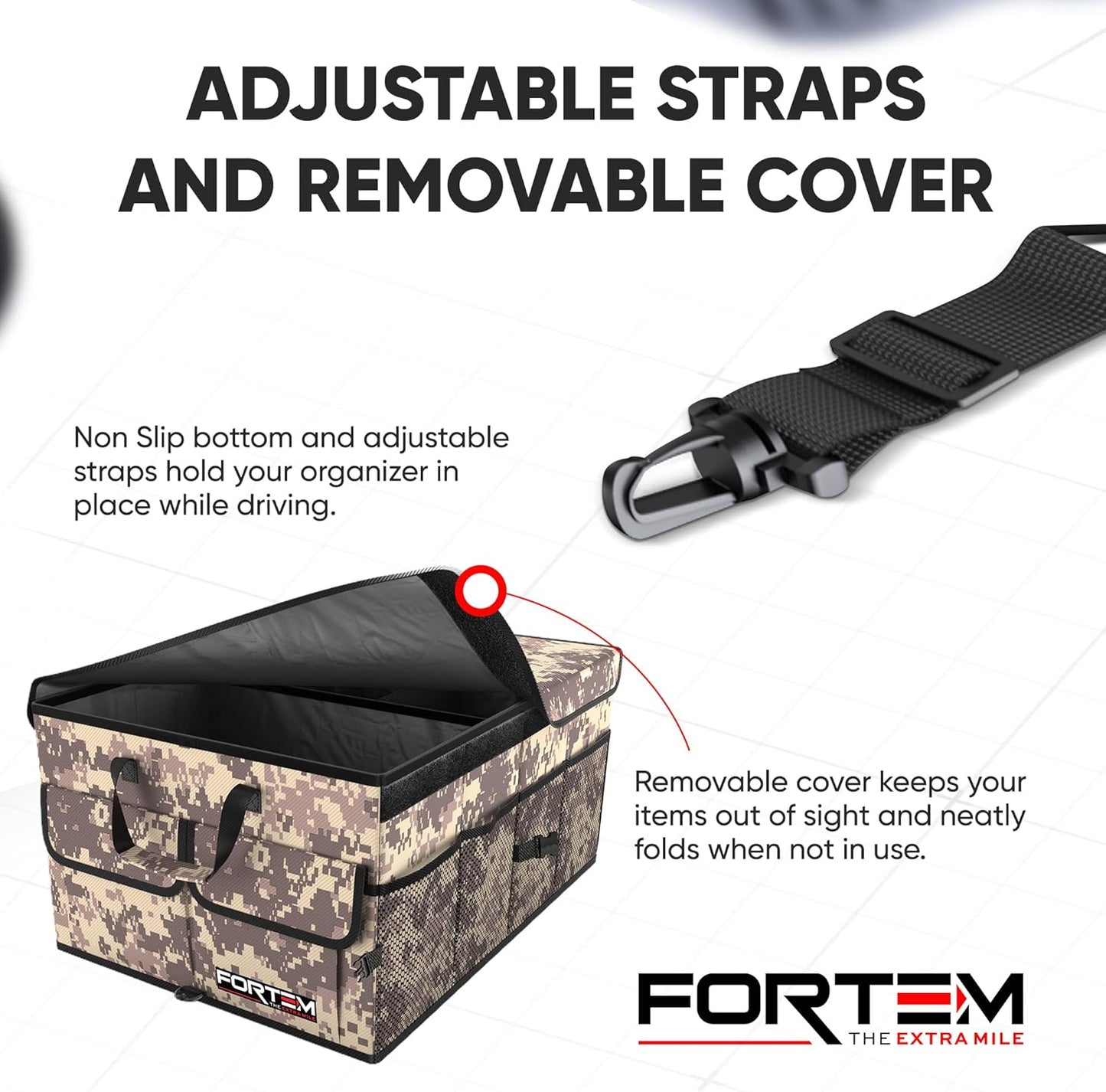 FORTEM Car Trunk Organizer, Collapsible Multi Compartment Car Organizer, Foldable SUV Storage for Car Accessories for Women Men, Non Slip Bottom, Securing Straps, Soft Cover 50L (Black, Standard)