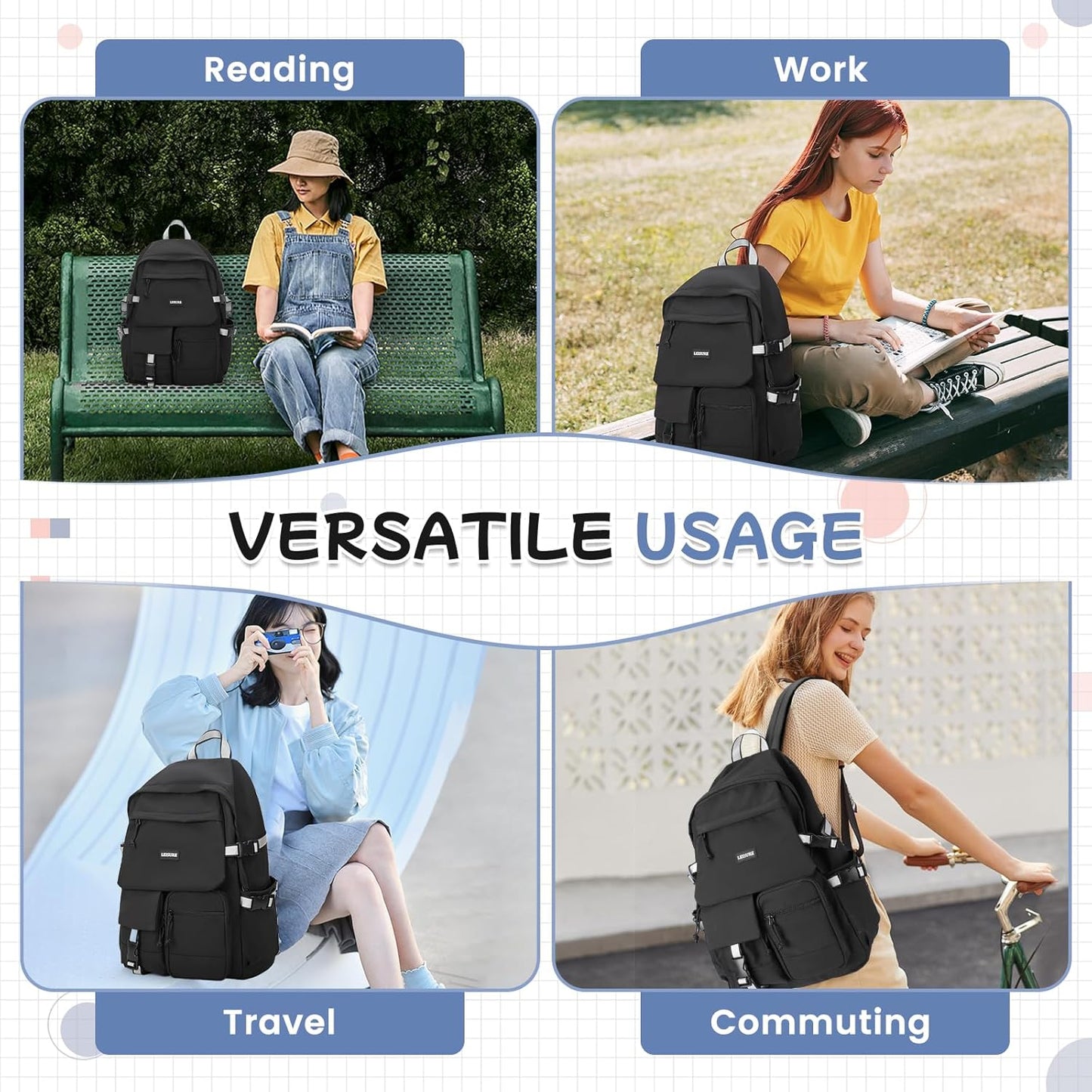 School Backpack for Women Men College High School Bags for Boys Girls Casual Daypack Laptop Backpack Waterproof Black Bookbag Travel Rucksack