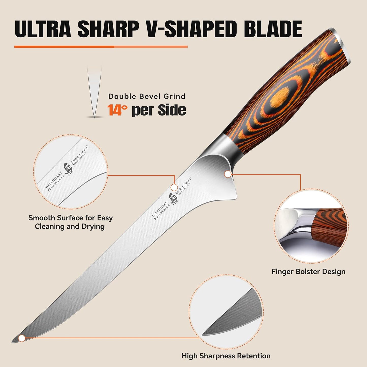 TUO Boning Knife - Razor Sharp Fillet Knife - High Carbon German Stainless Steel Kitchen Cutlery - Pakkawood Handle - Luxurious Gift Box Included - 7 inch - Fiery Phoenix Series