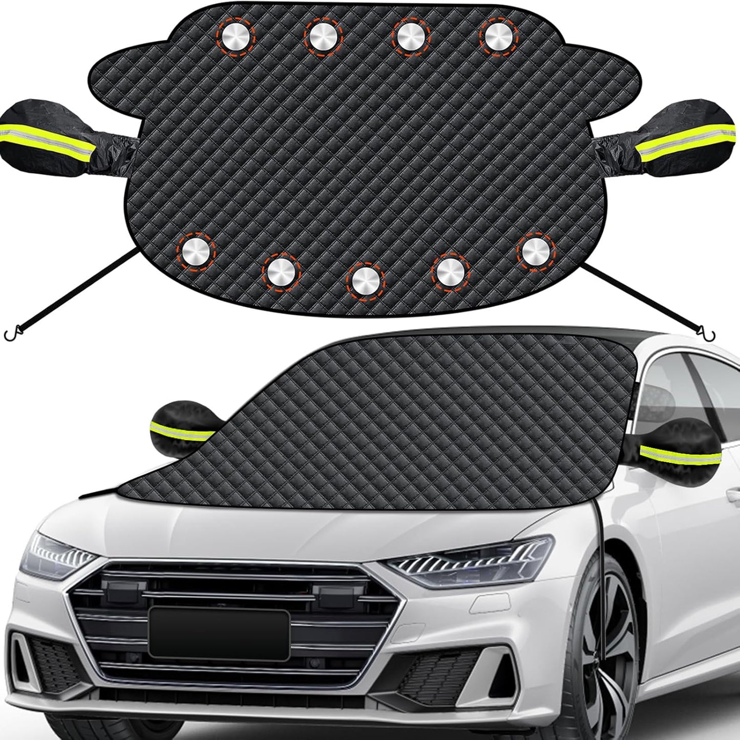 Windshield Snow Cover – Magnetic Car Snow Windscreen Cover & Sunshade – 9 Strong Magnets + Side Wing Mirror Covers – Frost Guard for Cars, SUVs & Trucks (Black, 145 × 118 cm) - PuriLite