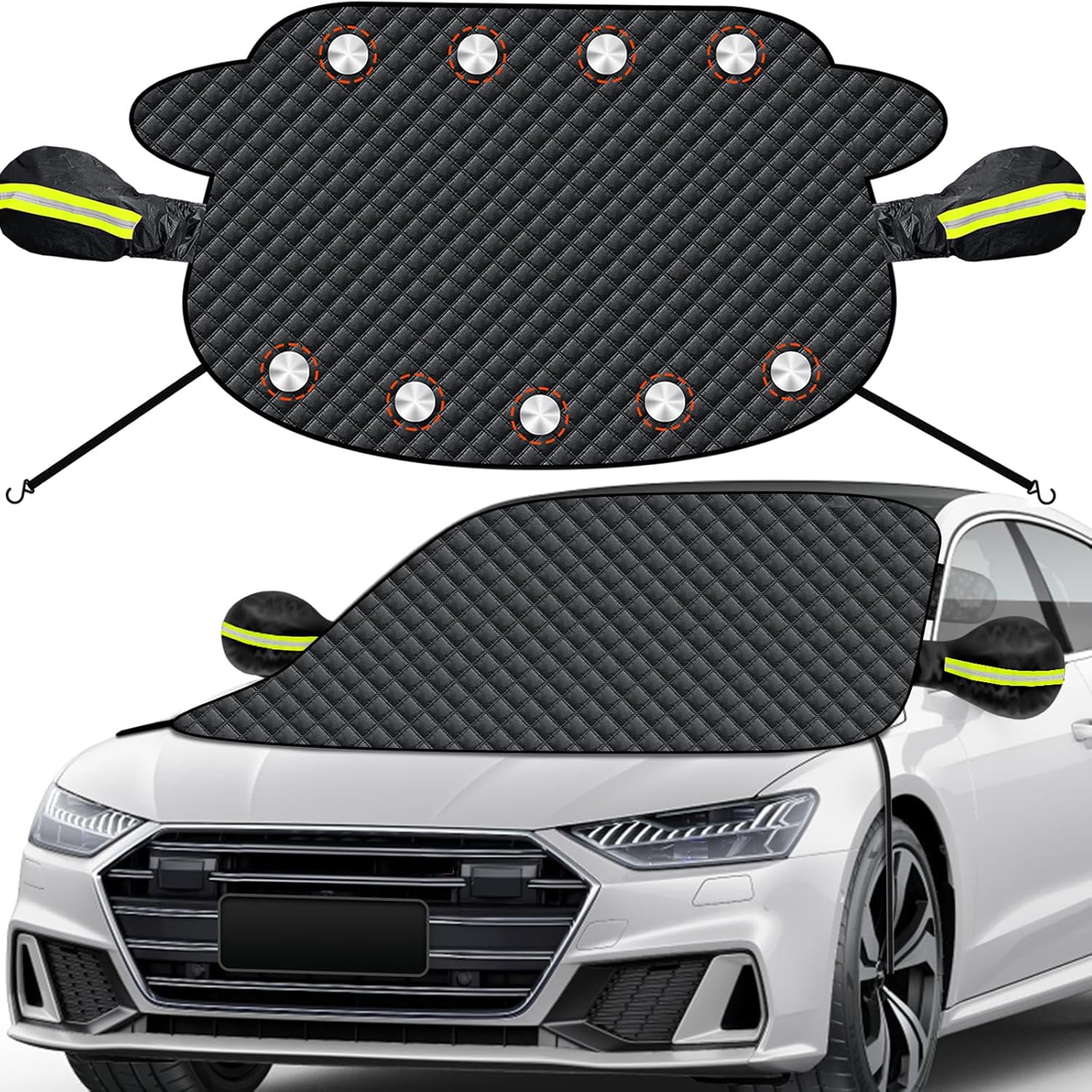 Windshield Snow Cover – Magnetic Car Snow Windscreen Cover & Sunshade – 9 Strong Magnets + Side Wing Mirror Covers – Frost Guard for Cars, SUVs & Trucks (Black, 145 × 118 cm) - PuriLite