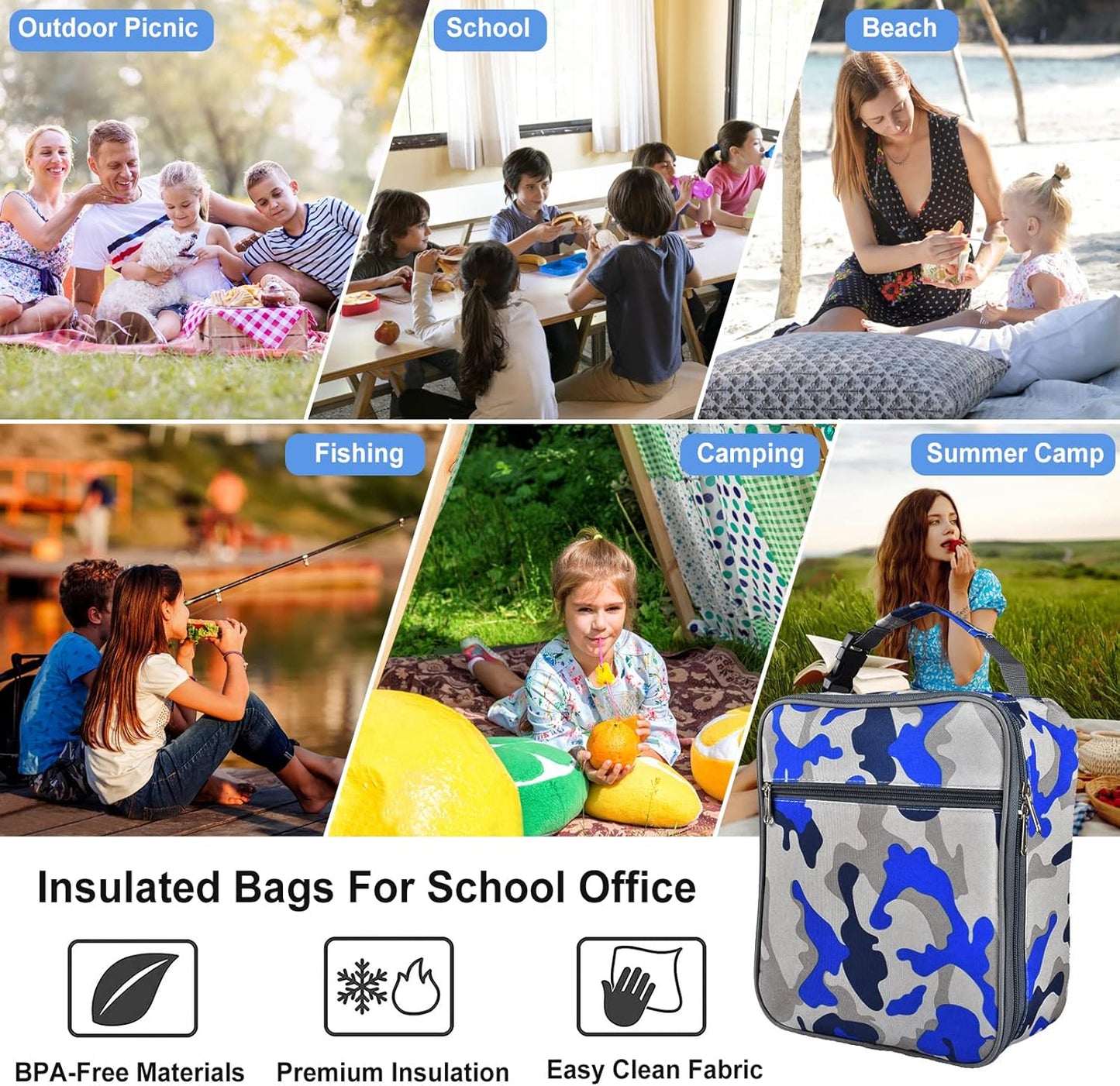 Insulated Lunch Bag, Leakproof Portable Lunch Box for Women Men Boys Girls, Large Capacity Cooler Bag with Handle and Bottle Pocket for Office School Camping Hiking Outdoor Beach Picnic (Black)