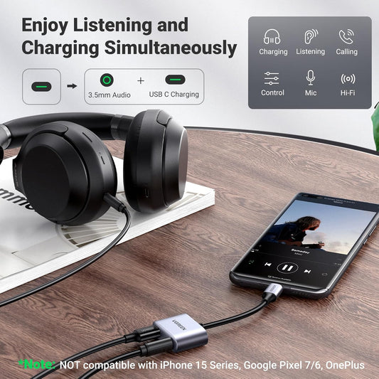UGREEN USB C to 3.5mm Headphone Adapter Jack and Charger, 2 in 1 USB C to Aux Jack with PD 3.0 60W Fast Charging Compatible with Galaxy S24/S23 Ultra S22 Note 20, Pixel 5 4 3 2 XL, iPad Pro 2021 - PuriLite