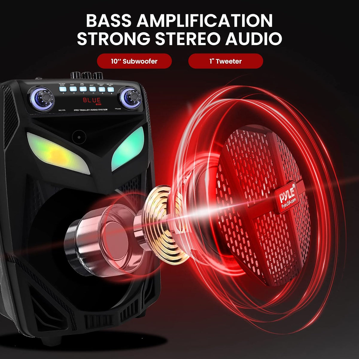 Portable Bluetooth PA Speaker System - 600W 10” Outdoor BT Speaker - Includes 2 Wireless Microphones, Party Lights, USB SD Card Reader, FM Radio, Rolling Wheels - Remote Control - Pyle PPHP101WMB