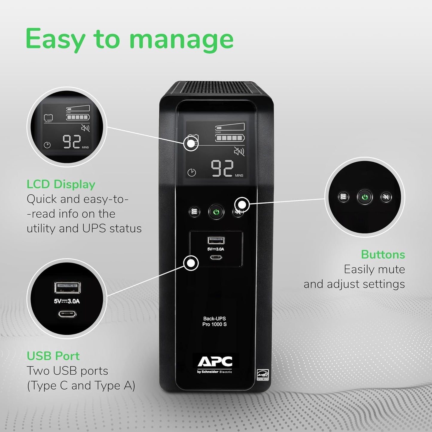 APC BR1000MS Sine Wave UPS Battery Backup & Surge Protector, 1000VA, Backups Pro, Black