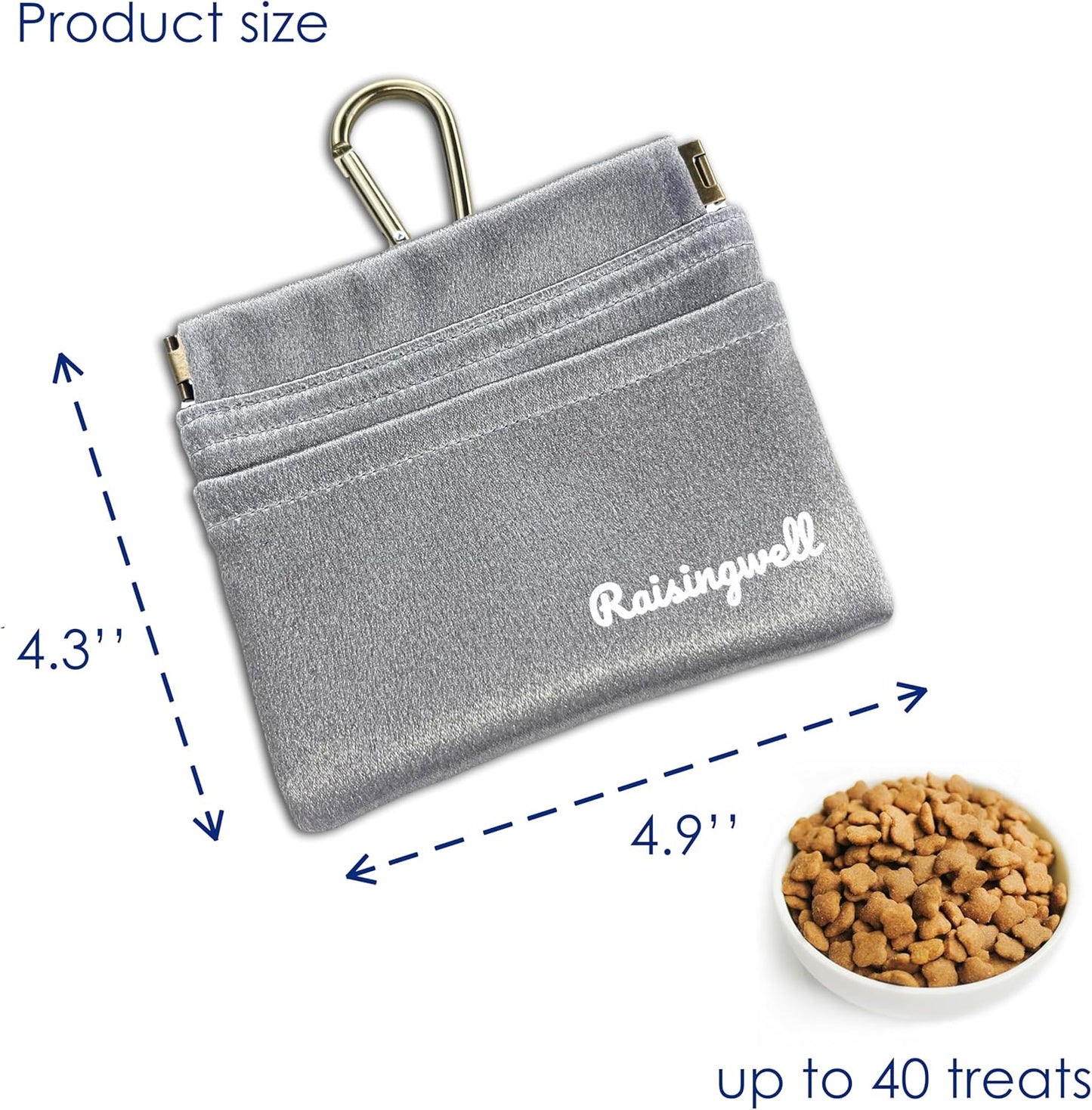 Raisingwell Dog Treat Pouch, Black Pocket Sized Pet Training Pouch, Cotton Fabric, Hand Free Dog Walking Bag with Carabiner, Self-Closing Pet Feed Snack Reward, for Pet Puppy Travel or Outdoor Use