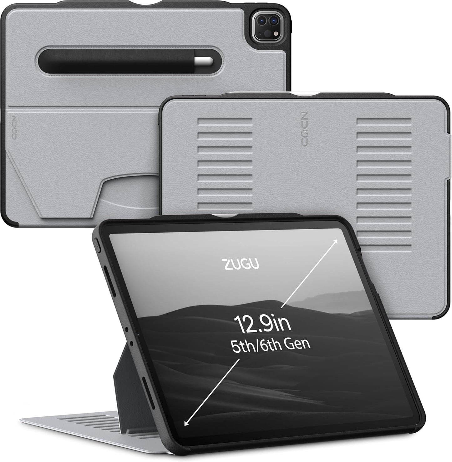 ZUGU iPad Pro 12.9 Case 2022/2021 6th & 5th Generation - Ultra Slim Protective Cover - Wireless Apple Pencil Charging - Convenient 10-Angle Magnetic Stand & Auto Sleep/Wake [ Black ]